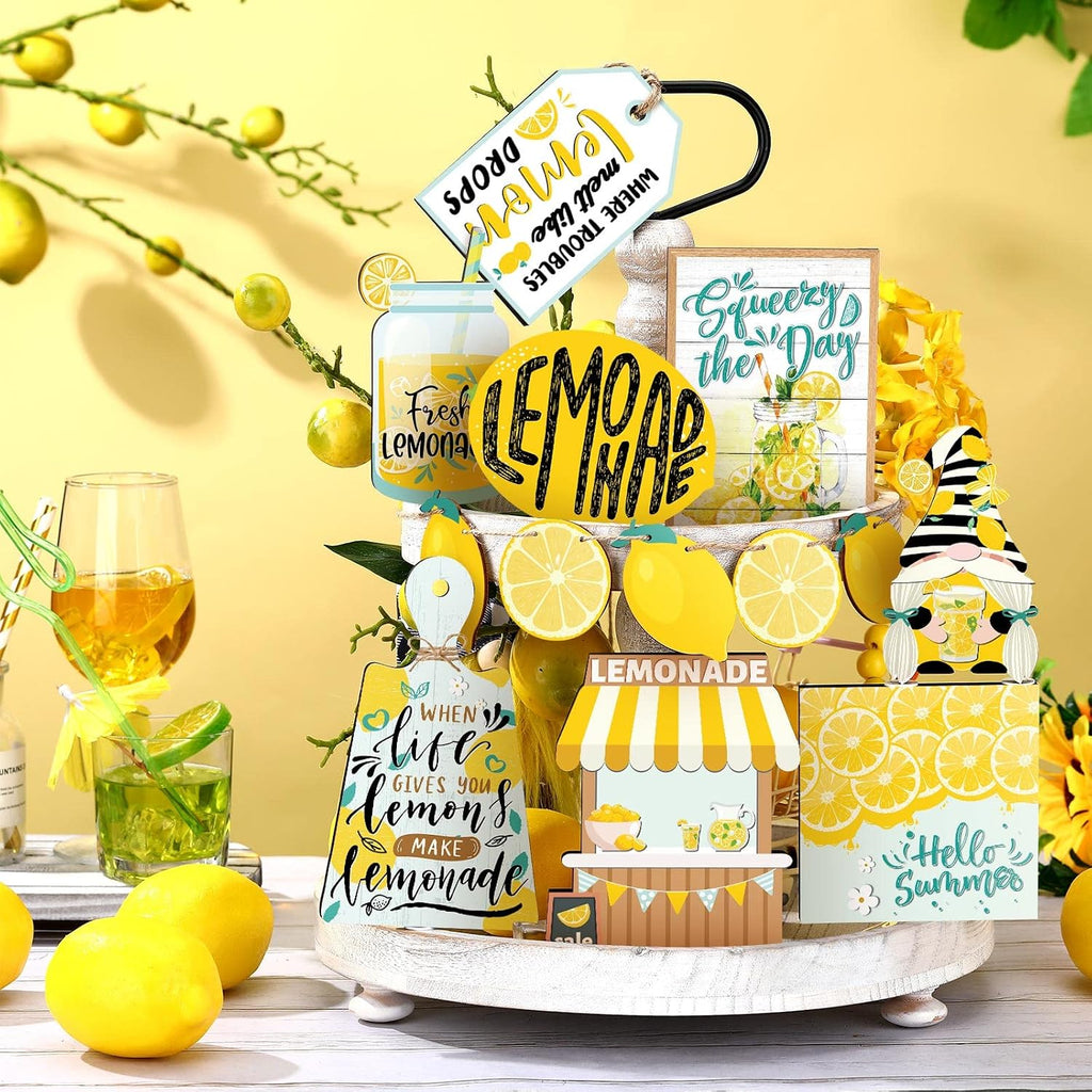 Lemon Tiered Tray Decor Lemon Decorations Summer Lemonade Wooden Signs Rustic Farmhouse Decorative Trays - Set of 13