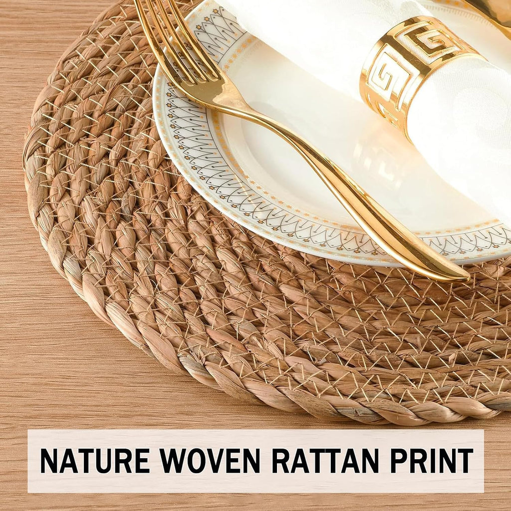Handmade Heat Resistant 13" Round Woven Placemats Set of 8, Wicker Boho No Chemical Natural Water Hyacinth Place