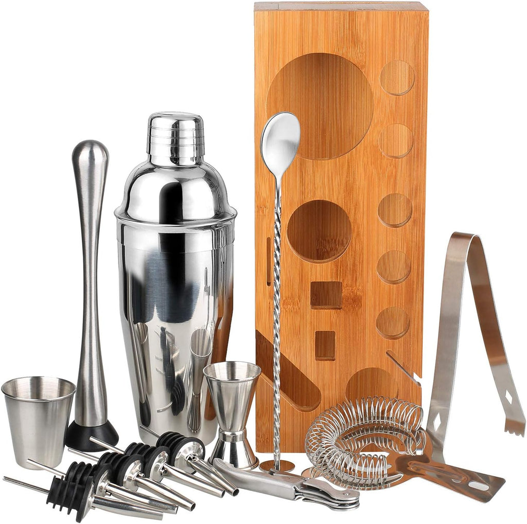 Bartender Kit, 13-Piece Home Bar Cocktail Shaker Bar Set with Stylish Bamboo Stand, Stainless Steel Bar Tool Set - Set of 13