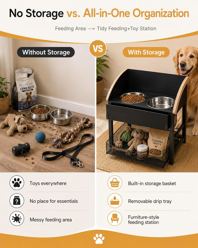Elevated Dog Bowls for Large Breed Dogs with Storage Basket, 13 Inch Tilted Raised Dog Bowl Stand with Stainless