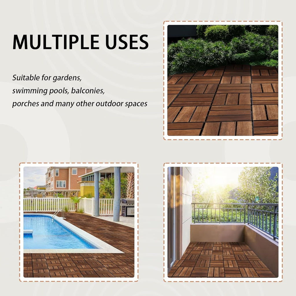 Deck Tiles - Pack of 10 Waterproof Acacia Wood Patio Tiles, Flooring Tile for Indoor and Outdoor - 12 x 12 inches
