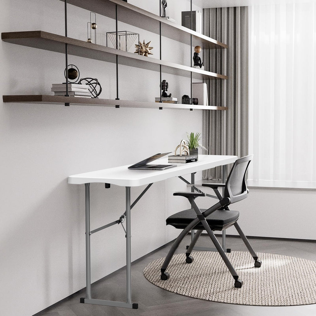 6 FT Narrow Folding Table, Tabletop Folded in Half, Premium Quality HDPE Material and Sturdy Metal Frame, Perfect for