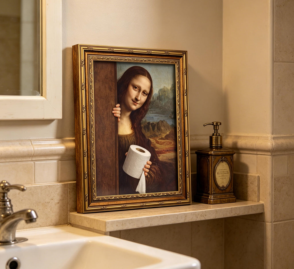 Funny Mona Lisa‐Inspired Lady Holding Toilet Paper Wall Art, Ornate Golden Framed Canvas Print, Humorous Whimsical