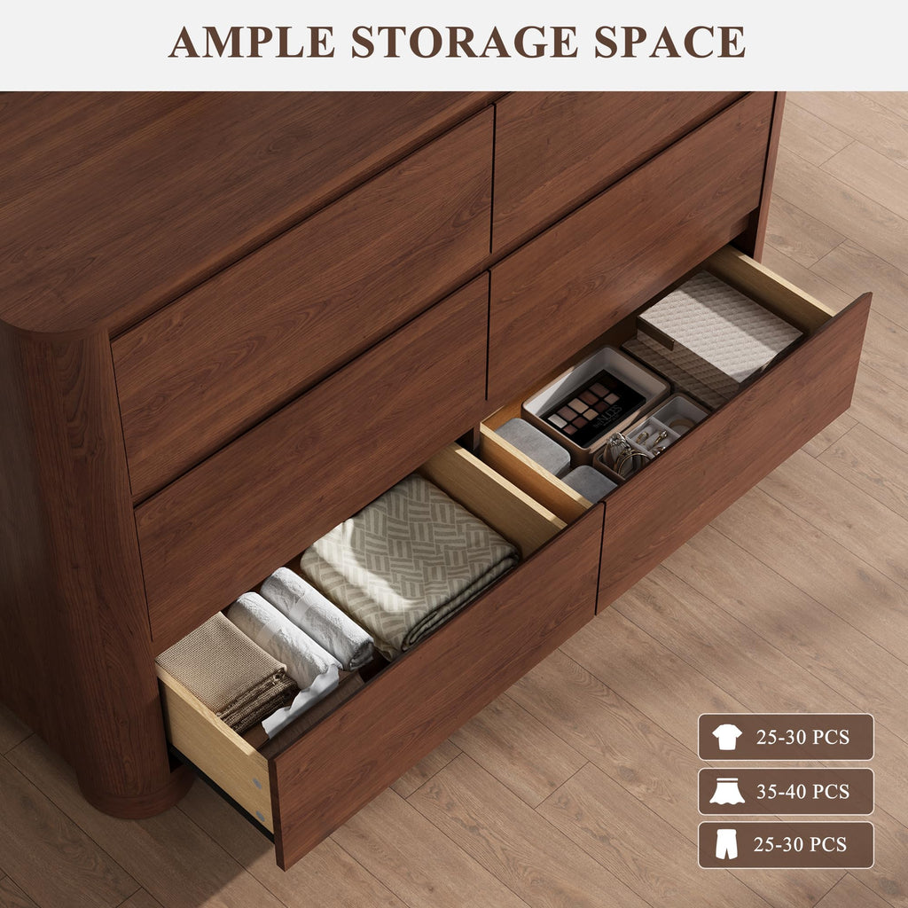 Walnut 6 Drawer Dresser, 47" Wide Chest of Drawers