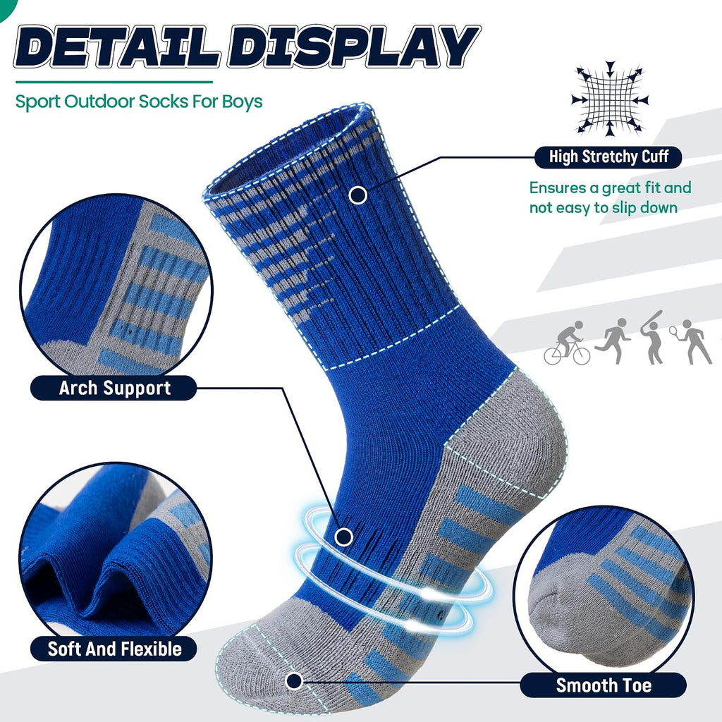 Kids Boys Athletic Socks Sport Basketball Crew Soft Cotton Breathable Youth Casual Socks 6 Pairs