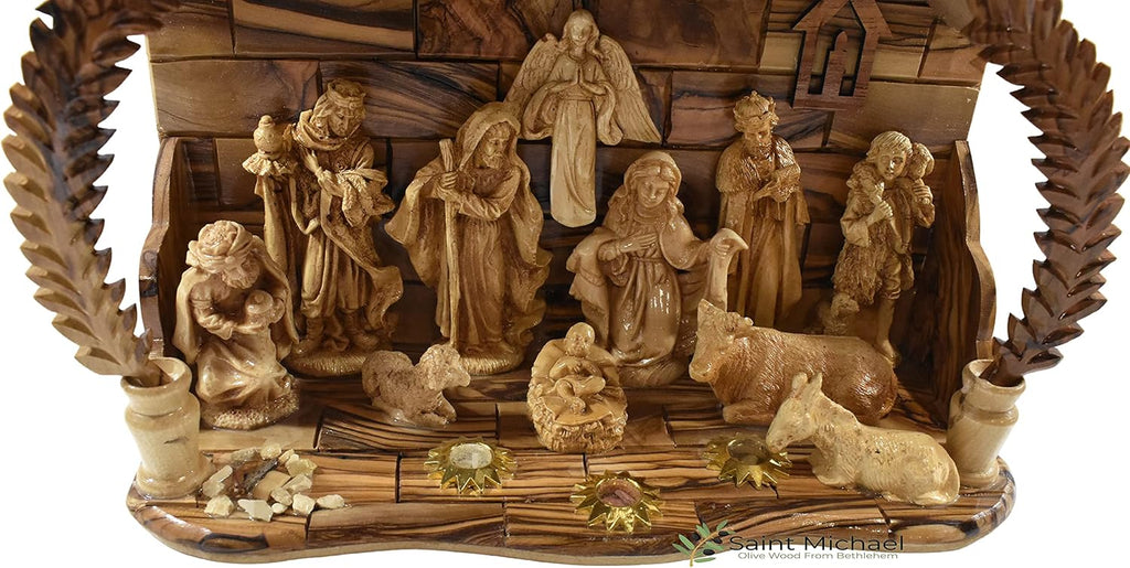 Wooden Bethlehem Nativity Set - Handcrafted Olive Wood Christmas Manger Scene with Music Box - Authentic Holy Land