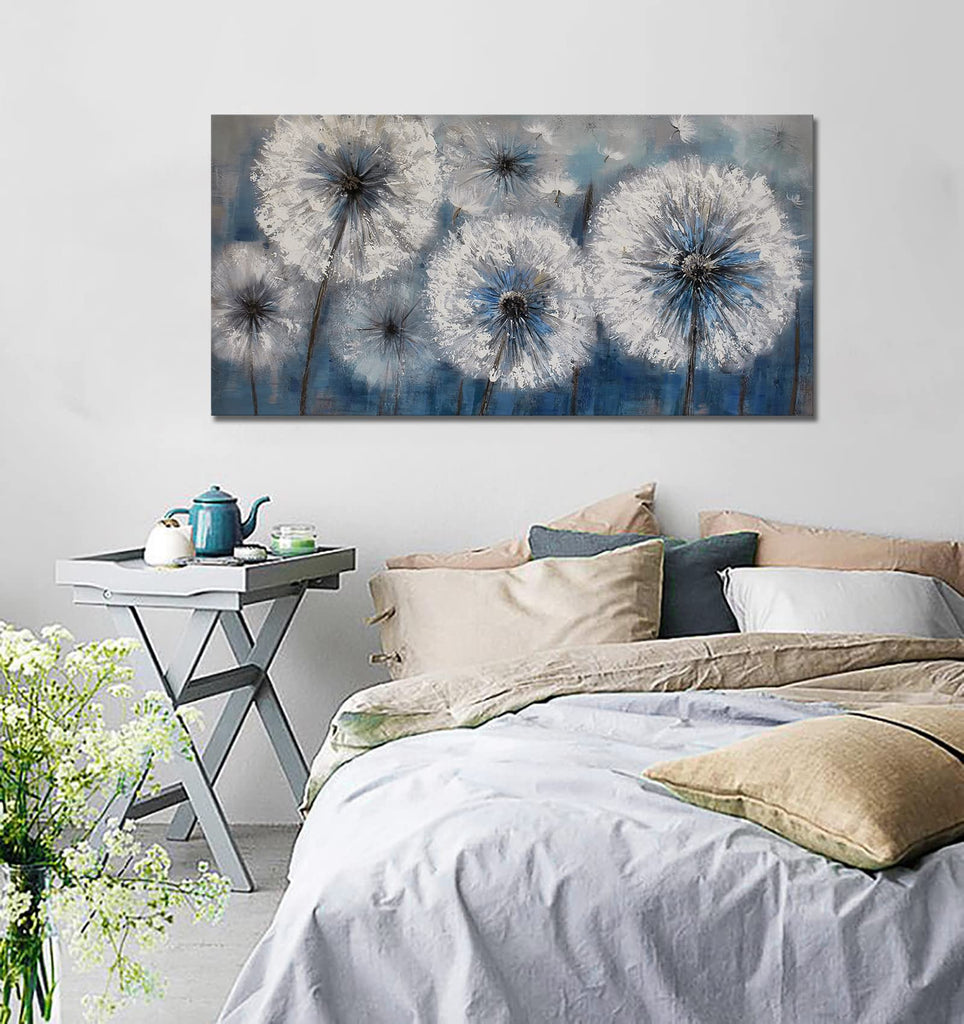 Dandelion Wall Art Blue Large Picture Canvas Art Wall Decor Above Bed White Flower Artwork for Walls Wall Paintings