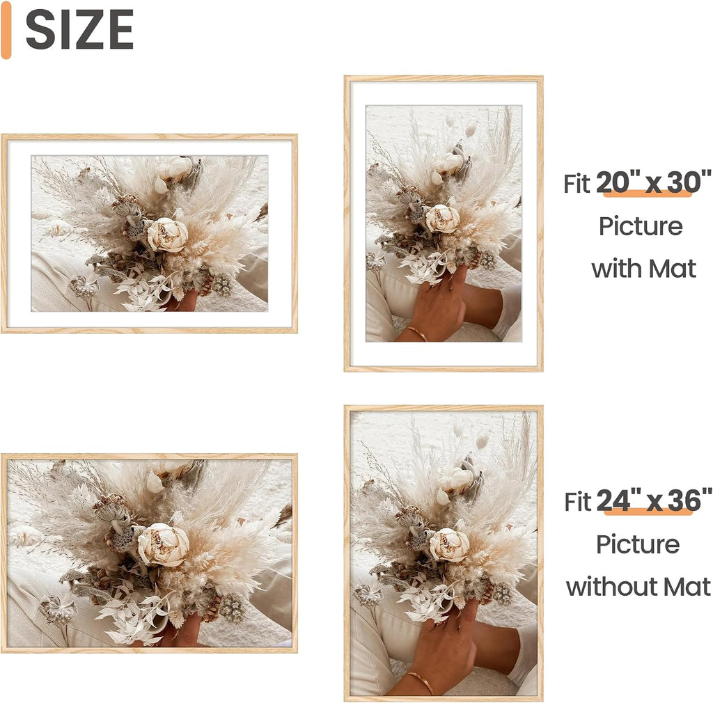 24x36 Poster Frame, Wall Decor Picture Frames, Natural Style 1Pcs | 24 x 36 Frame, 20x30 Frame with Mat for Gallery
