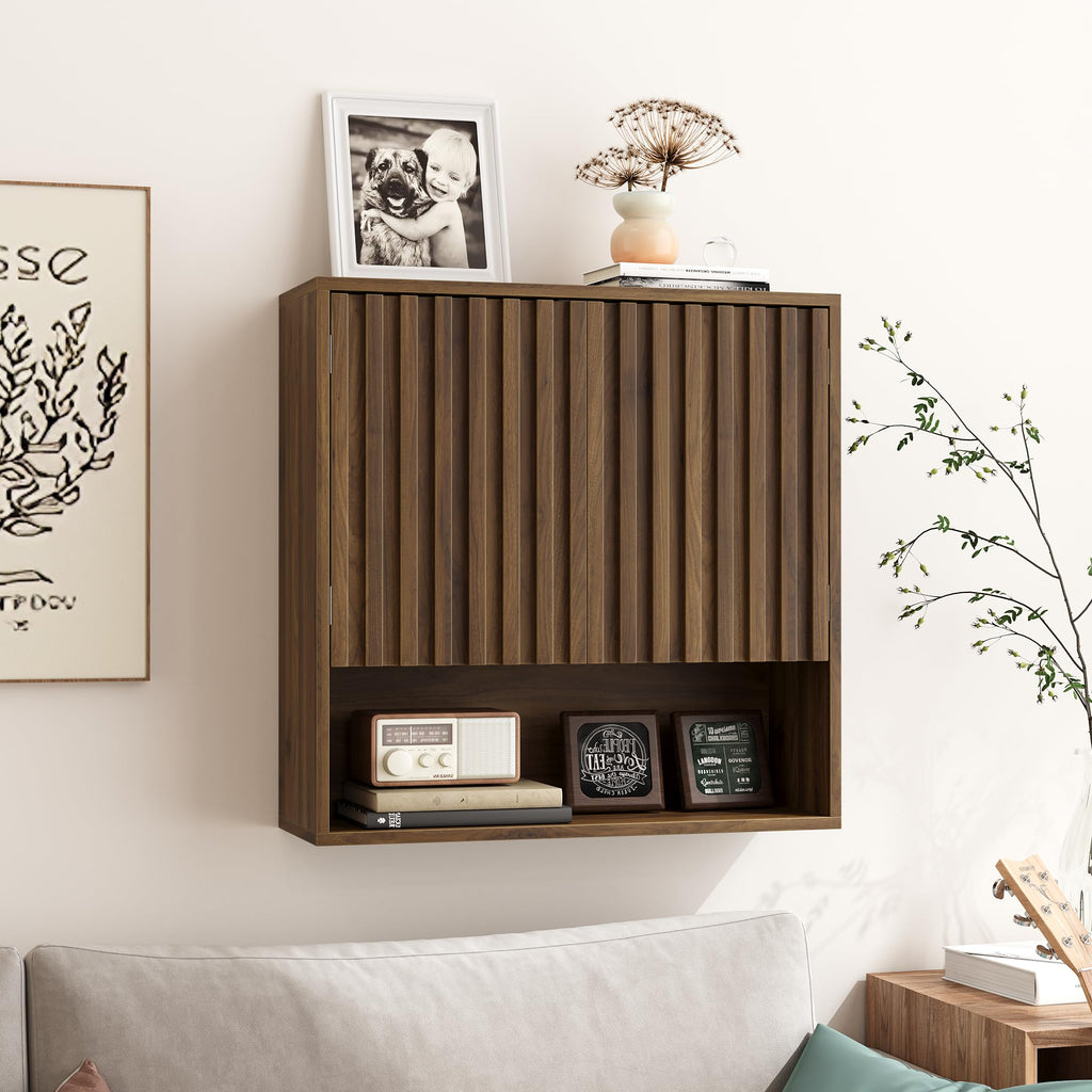 Fluted Bathroom Cabinet Wall Mounted, Wooden Medicine Cabinet with Adjustable Shelf, Walnut Bathroom Cabinet for Bath