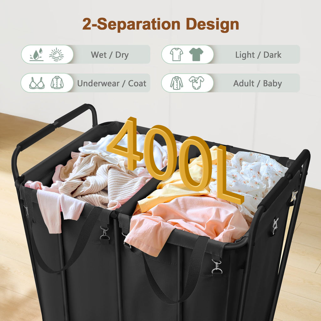 2 Section Laundry Sorter Cart, 400L Rolling Hamper with Wheels, Industrial Laundry Basket Organizer, Extra Large