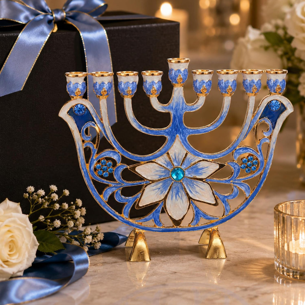 Hand Painted Blue and Ivory Flower Candelabra, Embellished