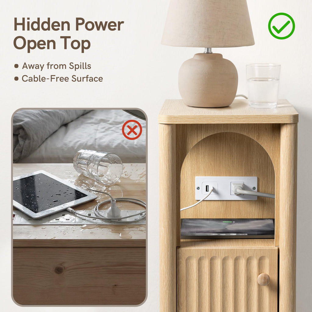 Narrow Nightstand with Charging Station, Slim Wood Bedside Table