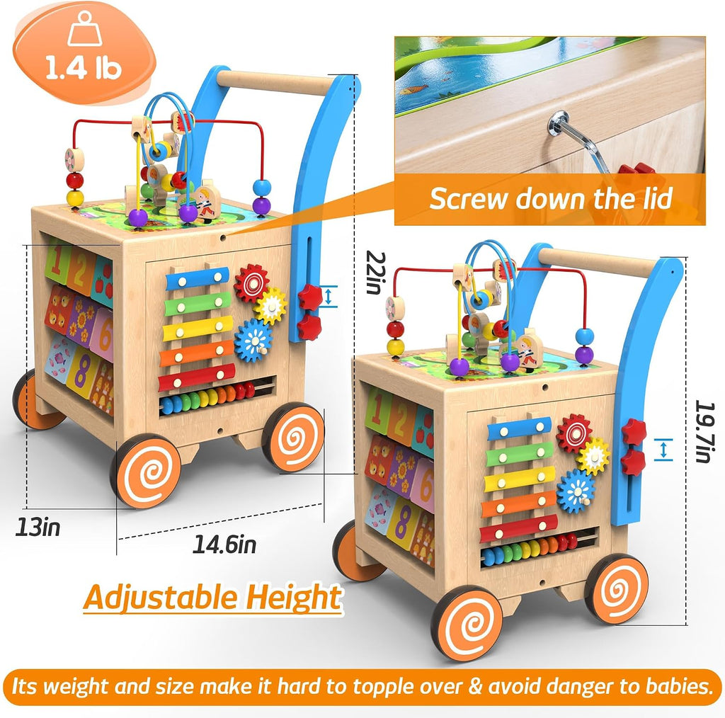 In-1 Wooden Activity Cube Walker for 1 Year Old, Sit-to-Stand Push Walker