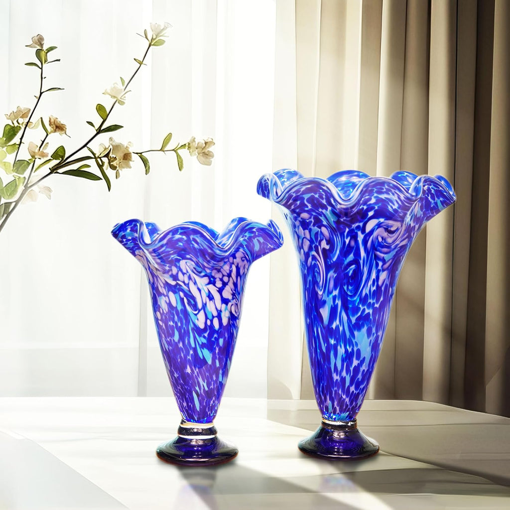 Hand Blown Cobalt Blue Confetti Art Glass Flower Vase Decor 10 inch Tall Centerpiece Table Decoration