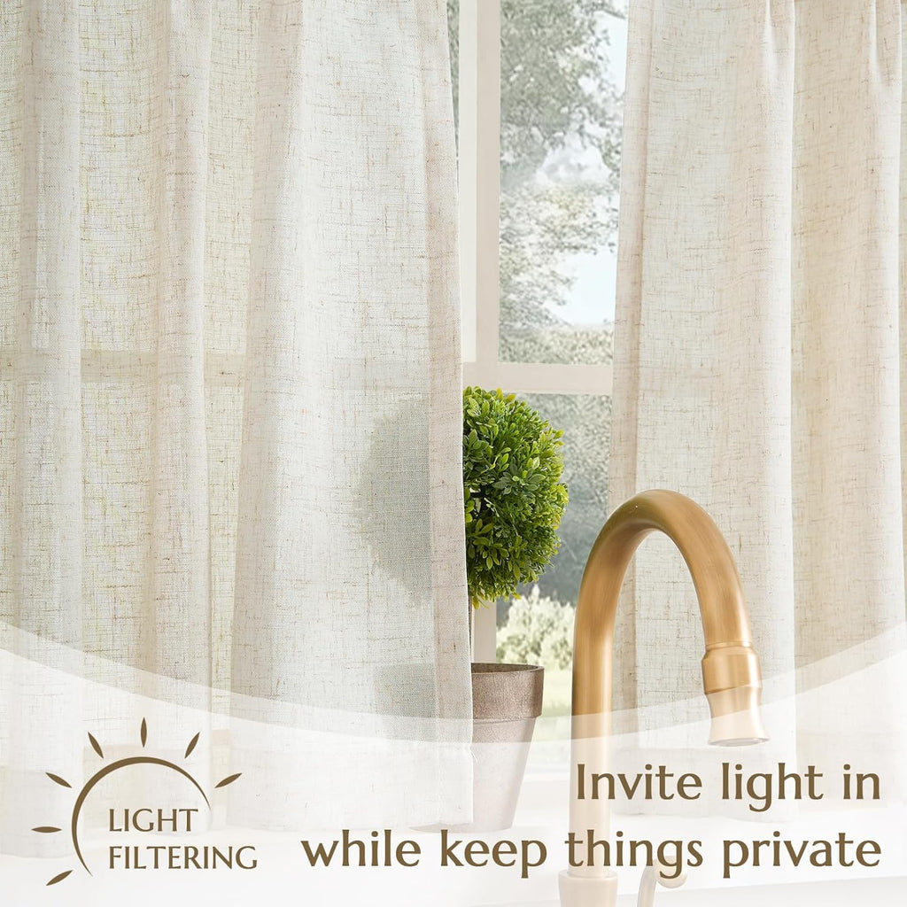Linen Pinch Pleated Kitchen Curtains 24 Inch 2 Panels Natural Linen Tier Curtains Back Tab Beige Farmhouse Cafe Light