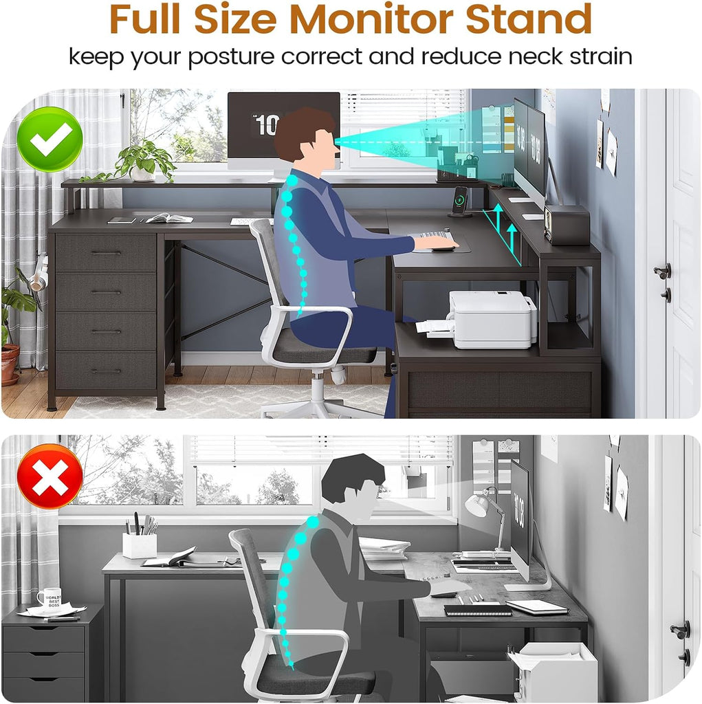 L Shaped Computer Desk with 6 Drawer, File Drawer & Power Outlet | 108" Corner Computer Desk with Monitor Shelf, File