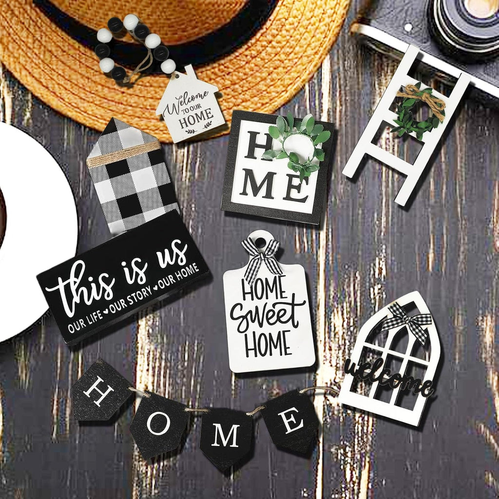 Farmhouse Tiered Tray Decor Set-Rustic Wooden Mini Signs and Decorations and Kitchen Display (Tiered Tray Not - Set of 11