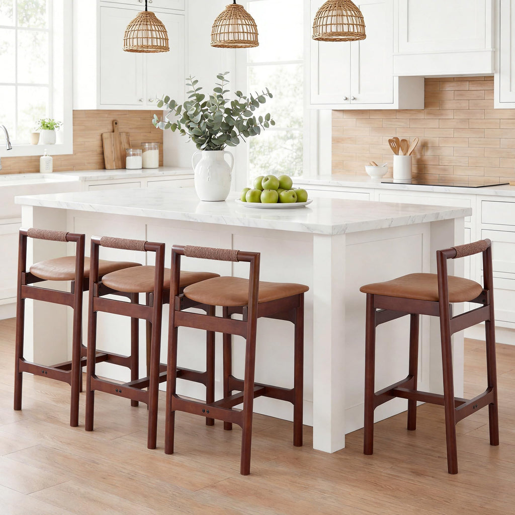 Wood Counter Stools with Woven Paper Cord Accent Back, Set of 2
