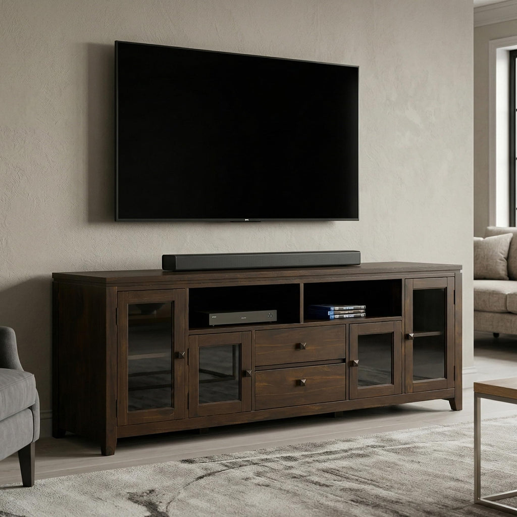 Cosmopolitan 72" Wide Solid Wood TV Stand in Mahogany Brown