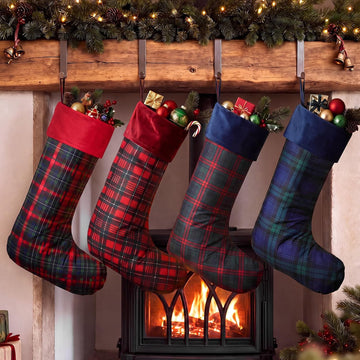 Classic Christmas Stockings Tartan Plaid Velvet Cuff 22" - Set of 4