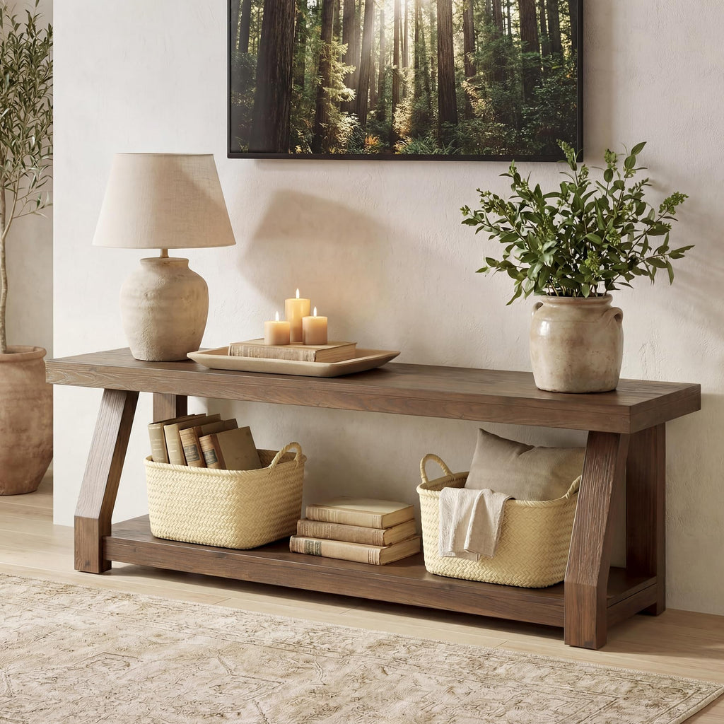 63" Solid Wood TV Stand, 2-Tier Media Console with Open Storage, Farmhouse Entertainment Center, Easy Assembly