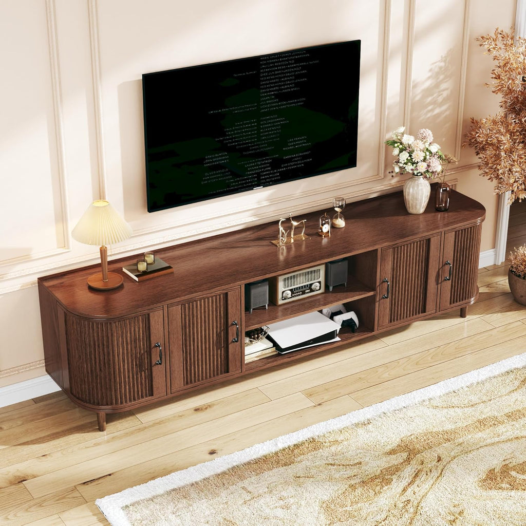 TV Stand for 75 inch TV, Mid Century Modern Entertainment Center for 55/60/65/75 inch TV, with Fluted Door Cabinets &