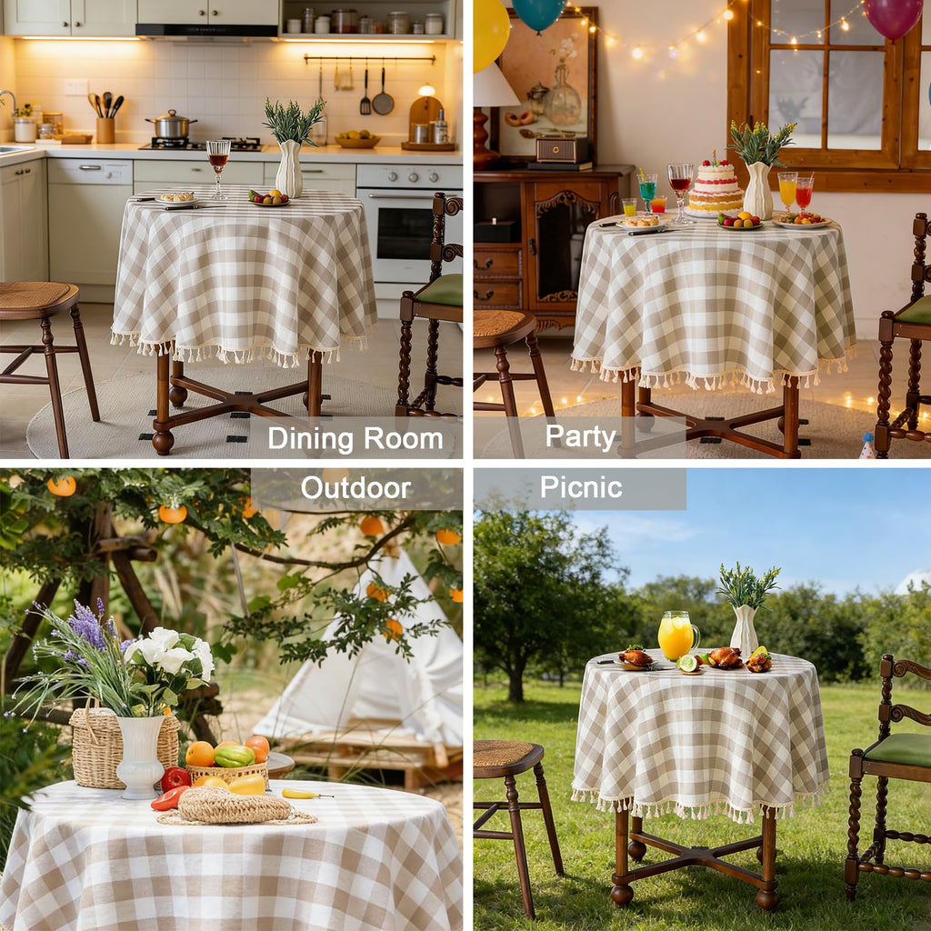 Thanksgiving Gingham Tablecloth Round 60 inch, Outdoor Washable Checkered Plaid Table Cloth Cotton Linen Fabric