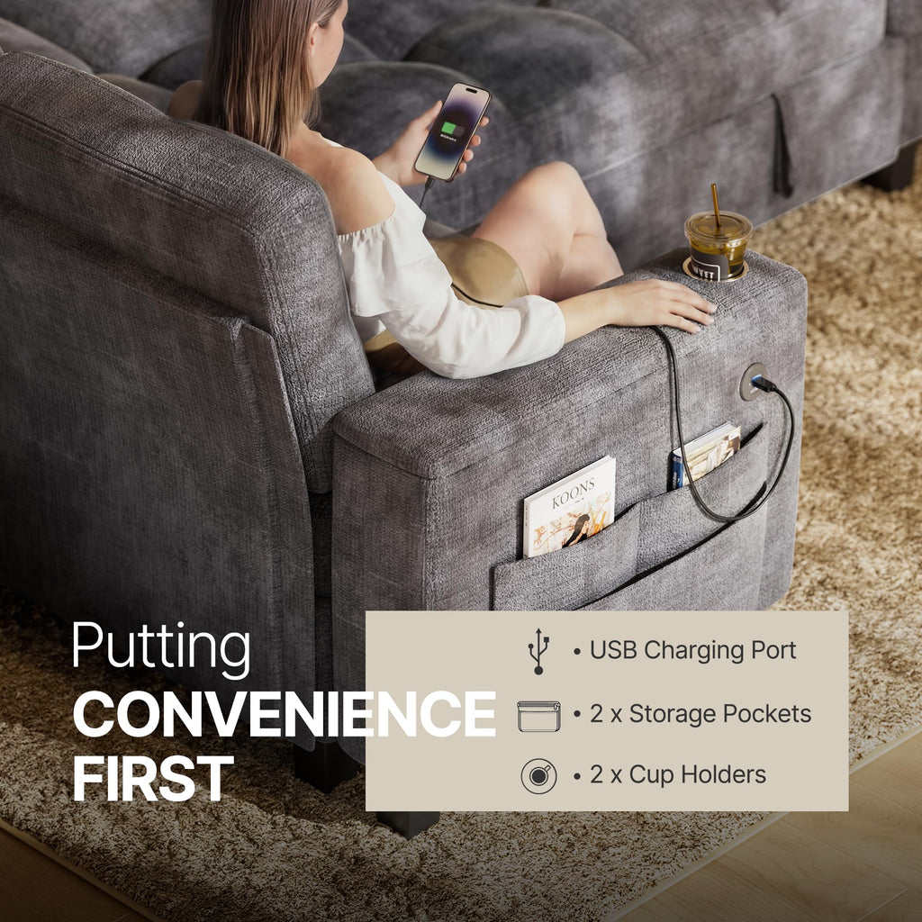 7 Seat Modular Sectional Sleeper Sofa with Pull Out Bed, Light Gray