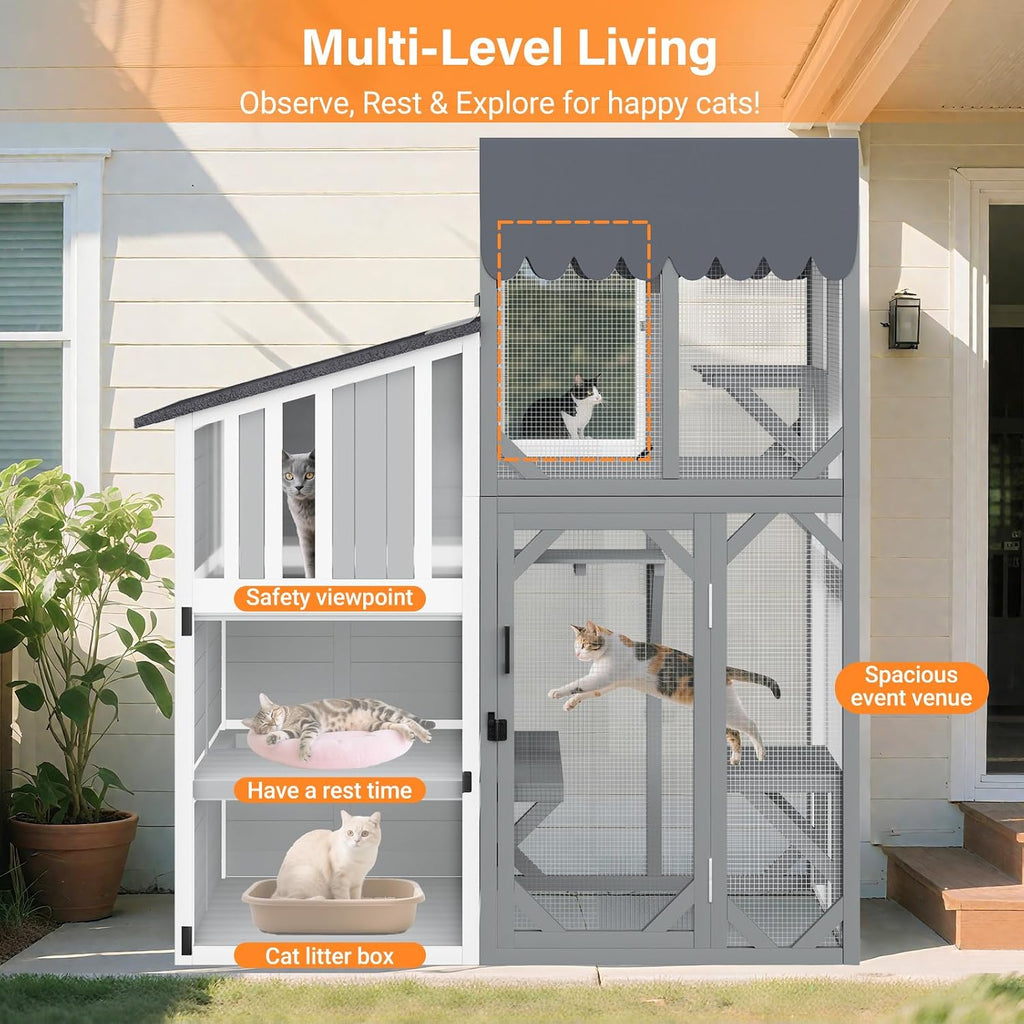 3 Tiers Catio 69" H Outdoor Cat Enclosures, Large Cat House Feral Cats Shelter with Weathproof Roof, Window Access