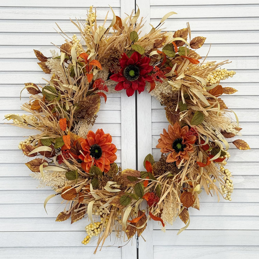 24 Inch Fall Wreaths for Front Door with Sunflowers and Raffia
