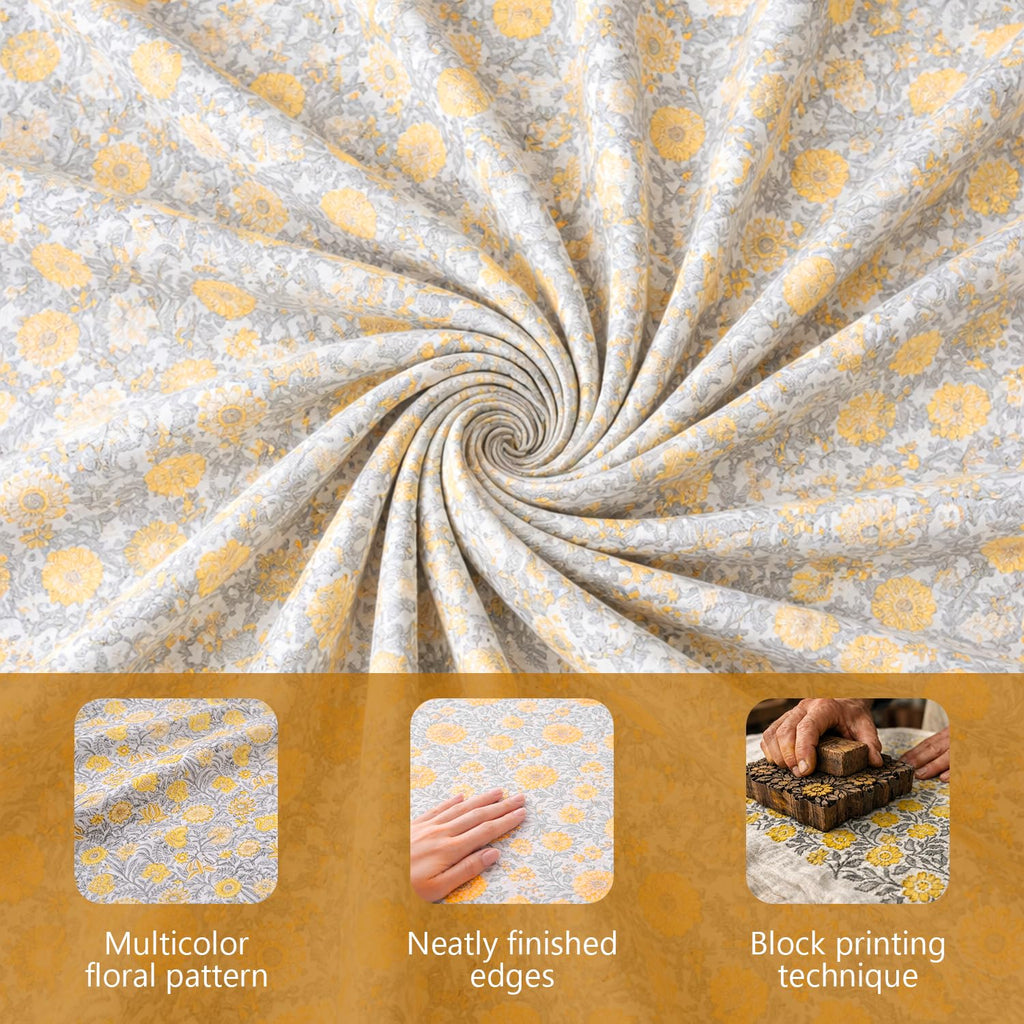 Yellow & White Floral Round Tablecloth, Hand Block Printed Cotton with Striped Border, Dining Table Cover, Handmade