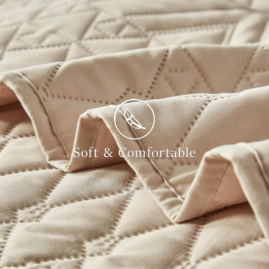 Full/Queen Quilt Bedding Set,Beige Lightweight Microfiber Soft Bedspread,Modern Style Geoetric Pattern Coverlet Set