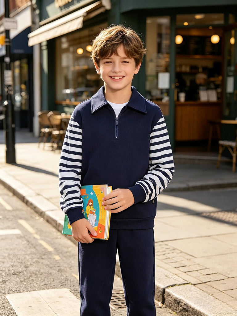 Boys Clothes Quarter Zip Striped Long Sleeve Sweatshirt & Jogger Pants 2Pcs Fall Winter Outfits Set