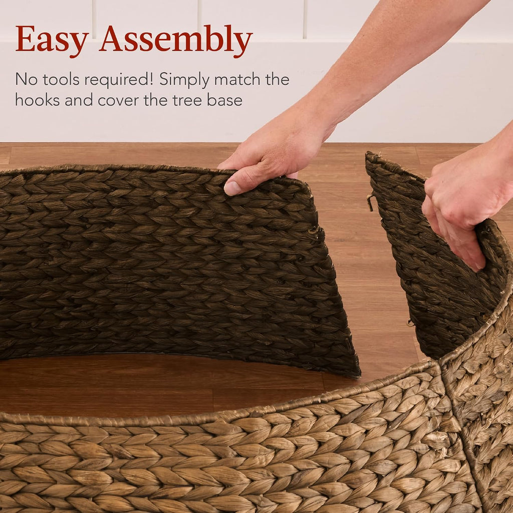 42in Christmas Tree Collar, Woven Hyacinth 4-Piece Holiday Rattan Tree Skirt Accessory w/Cord Cut-Out - Chestnut