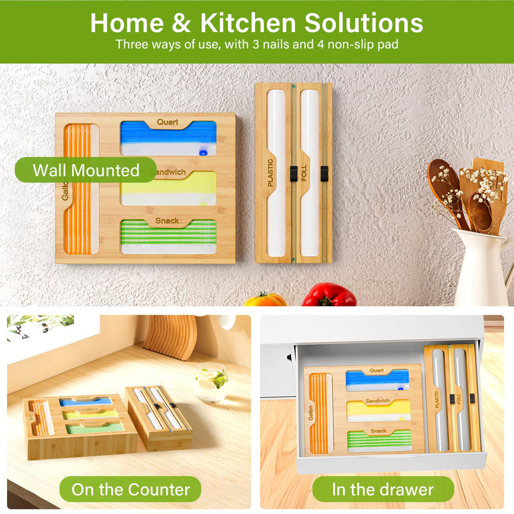 Bamboo Bag Storage Organizer - 2 Wrap Dispenser with Cutter & 4 Slots Food Storage Bags Container - Kitchen Drawer