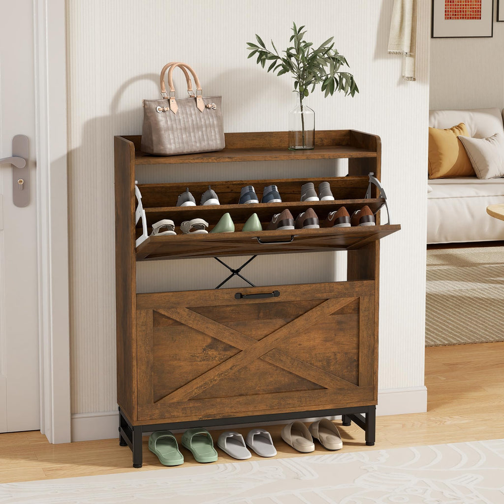 Rustic Farmhouse Shoe Cabinet with 2 Flip Drawers, Narrow Entryway Shoe Storage Organizer for 12-16 Pairs
