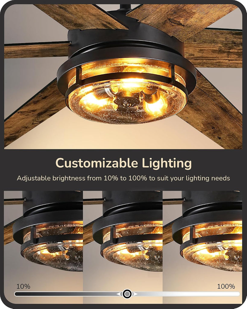 70" Large Farmhouse Ceiling Fans with Lights and Remote,10%-100% Dimmable, Wood Blades