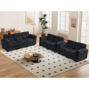Corduroy 3-Piece Sofa Set, Two Upholstered Loveseat, and 3-Seater Couch with Plush Cushions and Rolled Arms, Modern