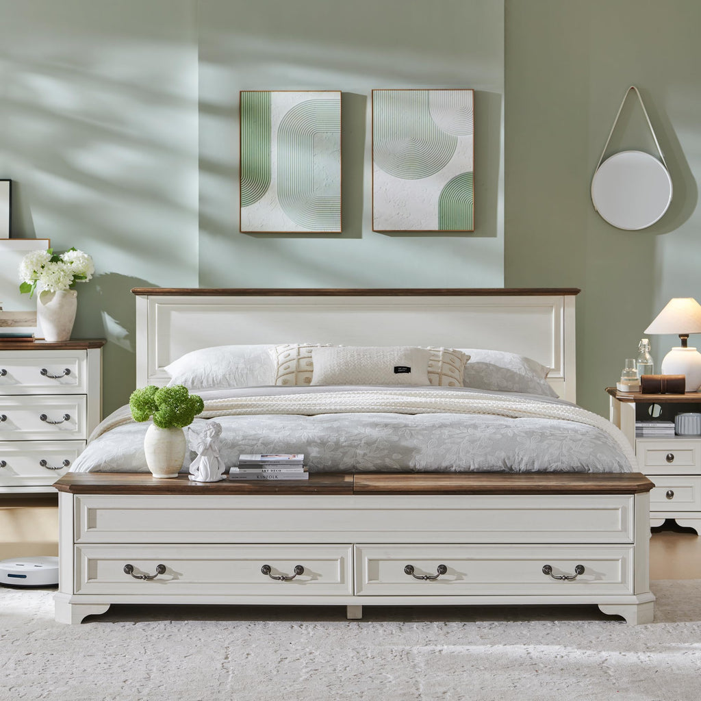 Farmhouse King Bed with Headboard and Storage Bench, Antique White
