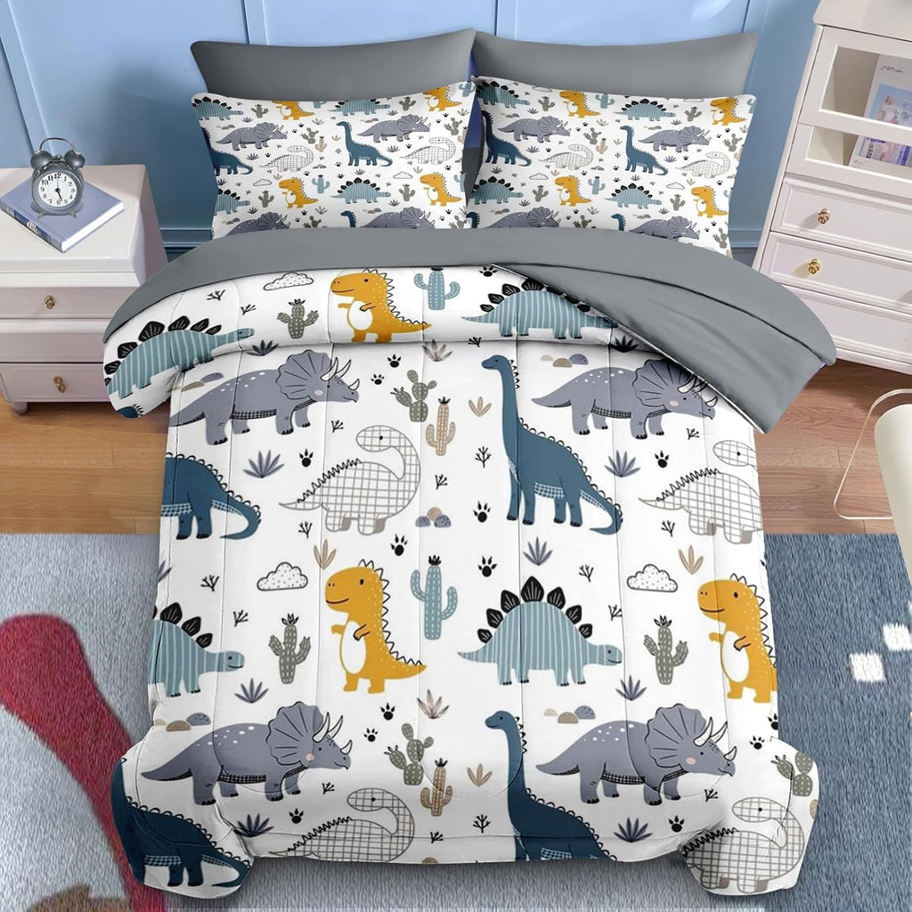 7 Pcs Comforter Set Full, Cute Dinosaur Dino Bedding for Kids Teen, Blue Yellow Dragon with Fitted Sheet 2