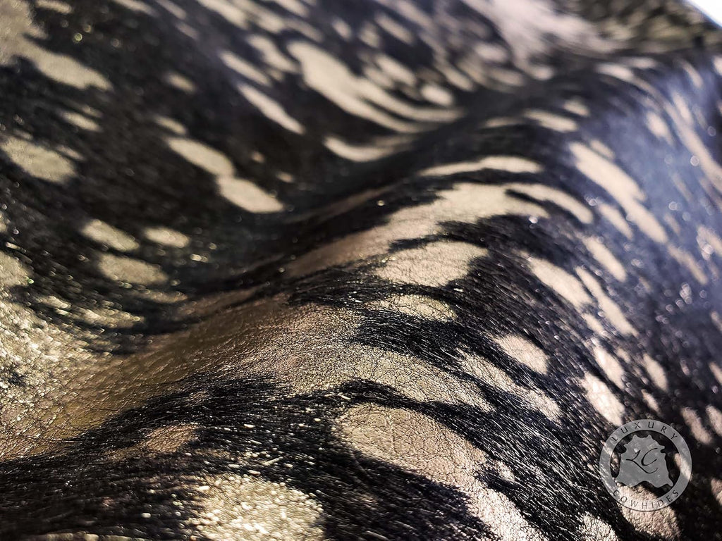 100% Genuine Metallic Gold on Dyed Black Cowhide Rug - Modern Style Brazilian Animal Skin Rug & Floor Carpet & More