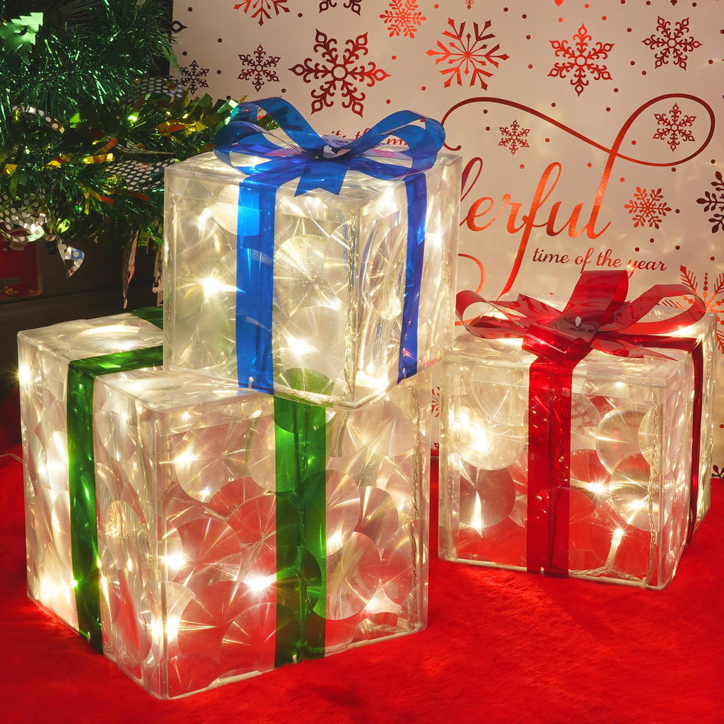 Set of 3 Christmas Lighted Gift Boxes, 60 LED Light Up Present Boxes for Christmas Decorations Indoor Outdoor Yard
