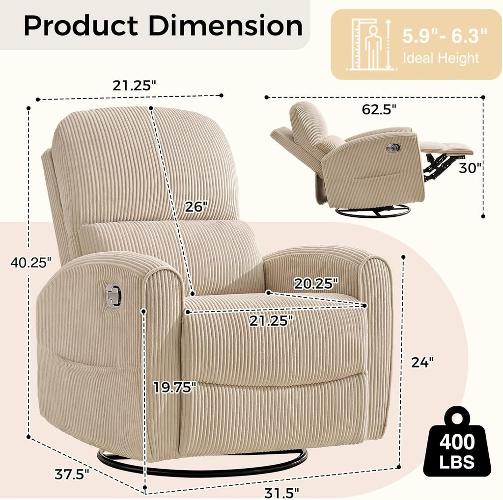 Swivel Rocker Recliner, Manual Glider Recliner Chair with Adjustable Headrest and Lumbar Support, Upholstered Rocking