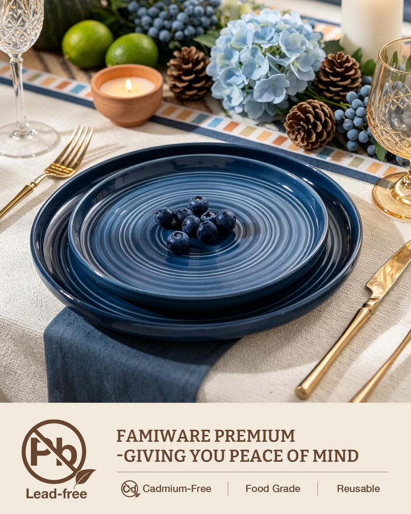 Ceramic Dinnerware Set for 8, Plates & Bowls, Abyssal Blue