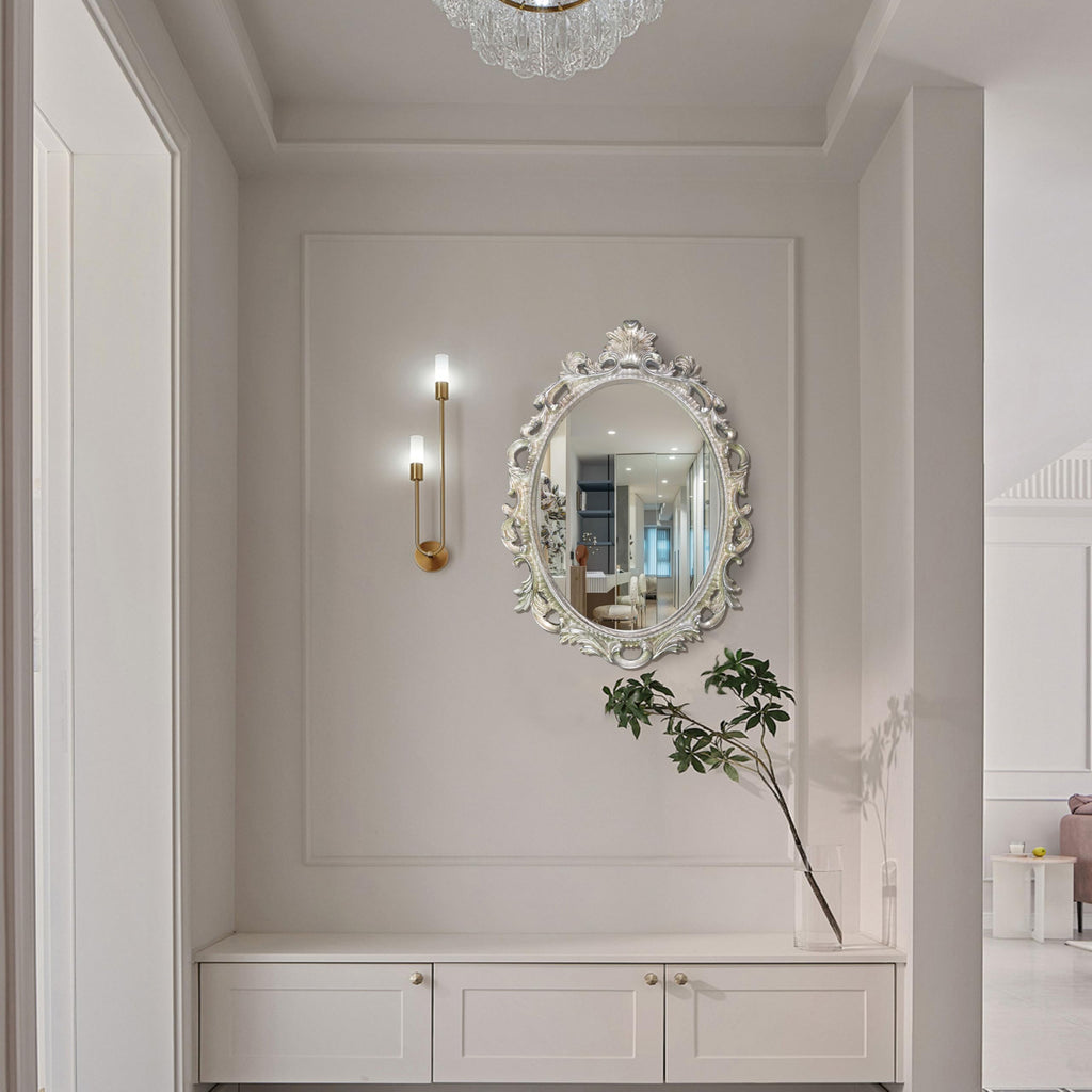 Antique Silver Oval Wall Mirror, Gothic Scroll, 18 × 24 in