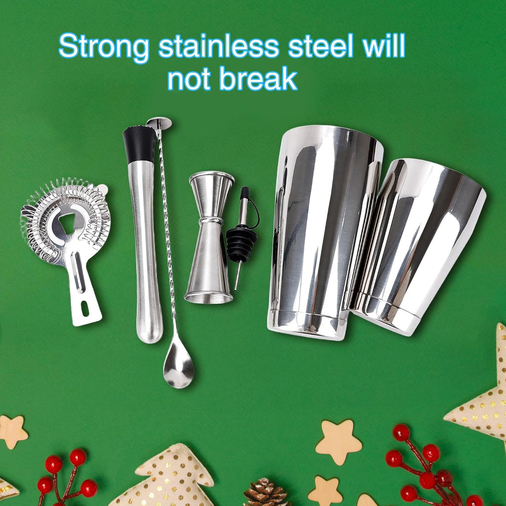 Shaker Set Stainless Steel Cocktail Drink 18 oz&28 oz Shaker Tin with Strainer Jigger Long Spoon Muddler - Set of 24