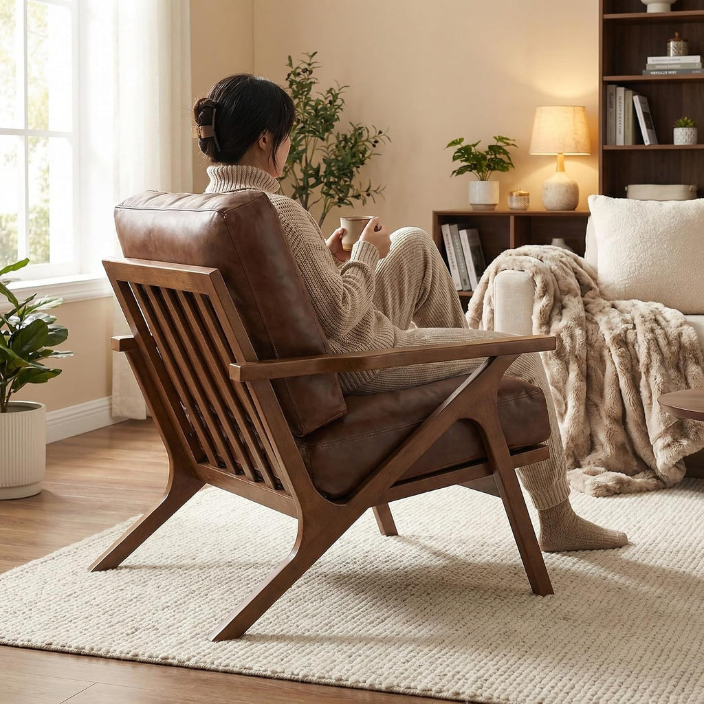 Mid Century Arm Chair, Retro Accent Armchair with Wood Frames & Faux Leather Upholstered Removable Cushions, Leisure