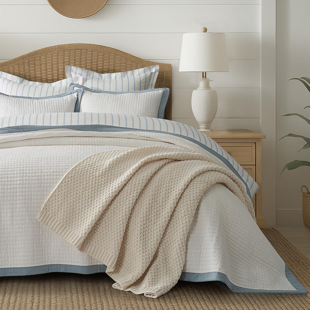 Cotton Border Frame Tack-Stitch Quilt Bedding Set King Size, Coastal Oversized 3 Pieces Lightweight Bedspread