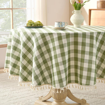 Gingham Round Tablecloth with Tassel, Sage Green, 70" x 70"