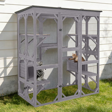 Large Wooden Catio Outdoor Cat Enclosure, Walk-in Kitty Condo with 7 Climbing Platforms, 2 Napping Houses, Expandable